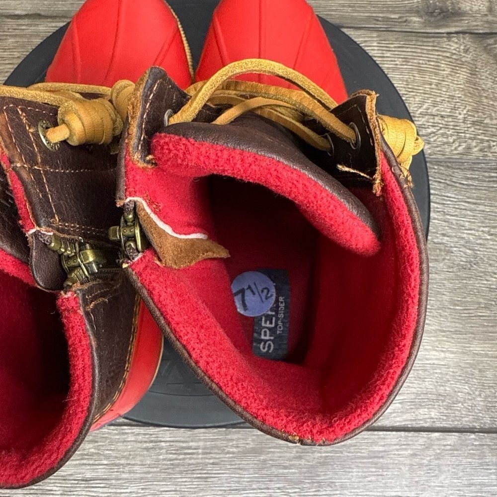 Sperry Top-Sider Saltwater Rain Boots Leather Rubber Women's Size 7.5 Red Brown - Picture 9 of 10